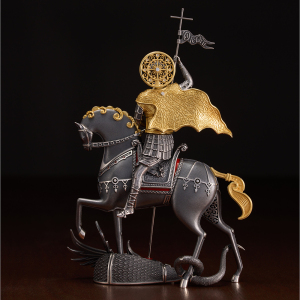 Ювелирный сувенир из серебра "Георгий Победоносец" с бриллиантами и сапфирами